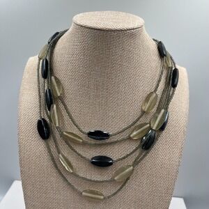 Vintage Hematite Glass Bead Multi Strand Necklace Statement Layered Grey Black